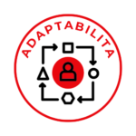 adaptabilita Ikona prispôsobivosti - symbol otvoreného zámku v červenom kruhu s textom ADAPTABILITY. Znázorňuje schopnosť udržať si smer aj v chaose a pružne reagovať na zmeny.