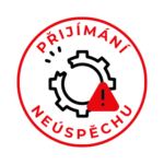 prijimaji neuspechu Ikona prijatia zlyhania - ozubené koliesko s rozbitou časťou v červenom kruhu s textom ACCEPTANCE OF FAILURE. Symbol schopnosti učiť sa z chýb a vnímať zlyhanie ako súčasť rastu.