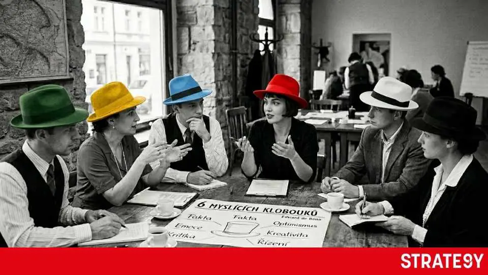 Týmová porada ilustrující metodu šesti myslících klobouků