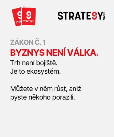Byznys není válka Obrázek s nápisem: Zákon č. 1 – Byznys není válka. Trh není bojiště, ale ekosystém. Můžete v něm růst, aniž byste někoho porazili – motto značky STRATE9Y.