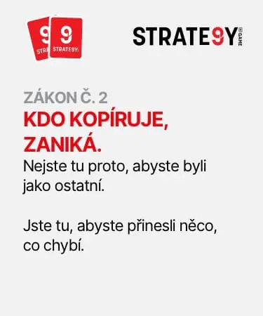 Kdo-kopíruje-zanika Obrázek s nápisem: Zákon č. 2 – Kdo kopíruje, zaniká. Nejste tu proto, abyste byli jako ostatní. Jste tu, abyste přinesli něco, co chybí – zásada originality od STRATE9Y.