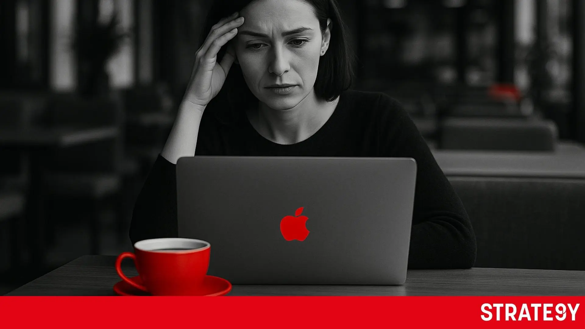 STRATE9Y academy 6 Mladá žena sedí zamyslene v kaviarni pri notebooku s chatgptom, premýšľa o podnikateľskom nápade. Čiernobiela fotografia s červeným akcentom na šálke a logom na notebooku.