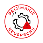 Ikona prijatia zlyhania - ozubené koliesko s rozbitou časťou v červenom kruhu s textom ACCEPTANCE OF FAILURE. Symbol schopnosti učiť sa z chýb a vnímať zlyhanie ako súčasť rastu.