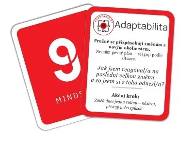 Karta STRATE9Y s názvem ‚Adaptabilita‘ – obsahuje výzvu k pružnosti při změnách, otázku na poslední velkou změnu a akční krok zaměřený na učení z nové situace.