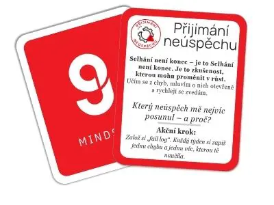 Karta STRATE9Y s názvem ‚Přijímání neúspěchu‘ – obsahuje výzvu vnímat selhání jako zdroj učení, otázku na osobní selhání a akční krok pro reflexi chyb, které nás posunuly.