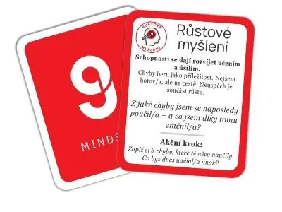 Karta STRATE9Y s označením ‚Růstové myšlení‘ – obsahuje definici, otázku k zamyšlení a akční krok zaměřený na učení se z chyb.