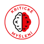 Ikona kritického myšlení – mozek rozdělený na dvě poloviny v červeném kruhu s nápisem KRITICKÉ MYŠLENÍ. Symbol schopnosti zpochybňovat vlastní úsudek a měnit názor na základě nových informac
