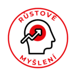 Ikona růstového myšlení – symbol kladiva a ozubeného kola v kruhu, doplněná textem RŮSTOVÉ MYŠLENÍ. Ilustrace postoje, že se člověk může neustále zlepšovat.