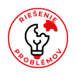 Ikona riešenia problémov - symbol mozgu so skrutkovačom v červenom kruhu s textom RIEŠENIE PROBLÉMOV. Vyjadruje schopnosť hľadať príčiny, nielen príznaky, a ísť ku koreňu veci