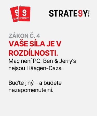 Obrázek s nápisem: Zákon č. 4 – Vaše síla je v rozdílnosti. Mac není PC. Ben & Jerry’s nejsou Häagen-Dazs. Buďte jiný – a budete nezapomenutelní. Myšlenka značky STRATE9Y.