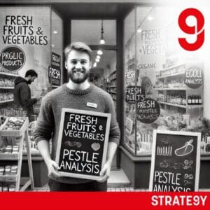 Muž stojící před obchodem s ovocem a zeleninou s nápisy PESTLE Analysis a Fresh Fruits & Vegetables – vizuální metafora pro aplikaci strategické analýzy v reálném podnikání.