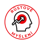 Ikona růstového myšlení – symbol kladiva a ozubeného kola v kruhu, doplněná textem RŮSTOVÉ MYŠLENÍ. Ilustrace postoje, že se člověk může neustále zlepšovat.