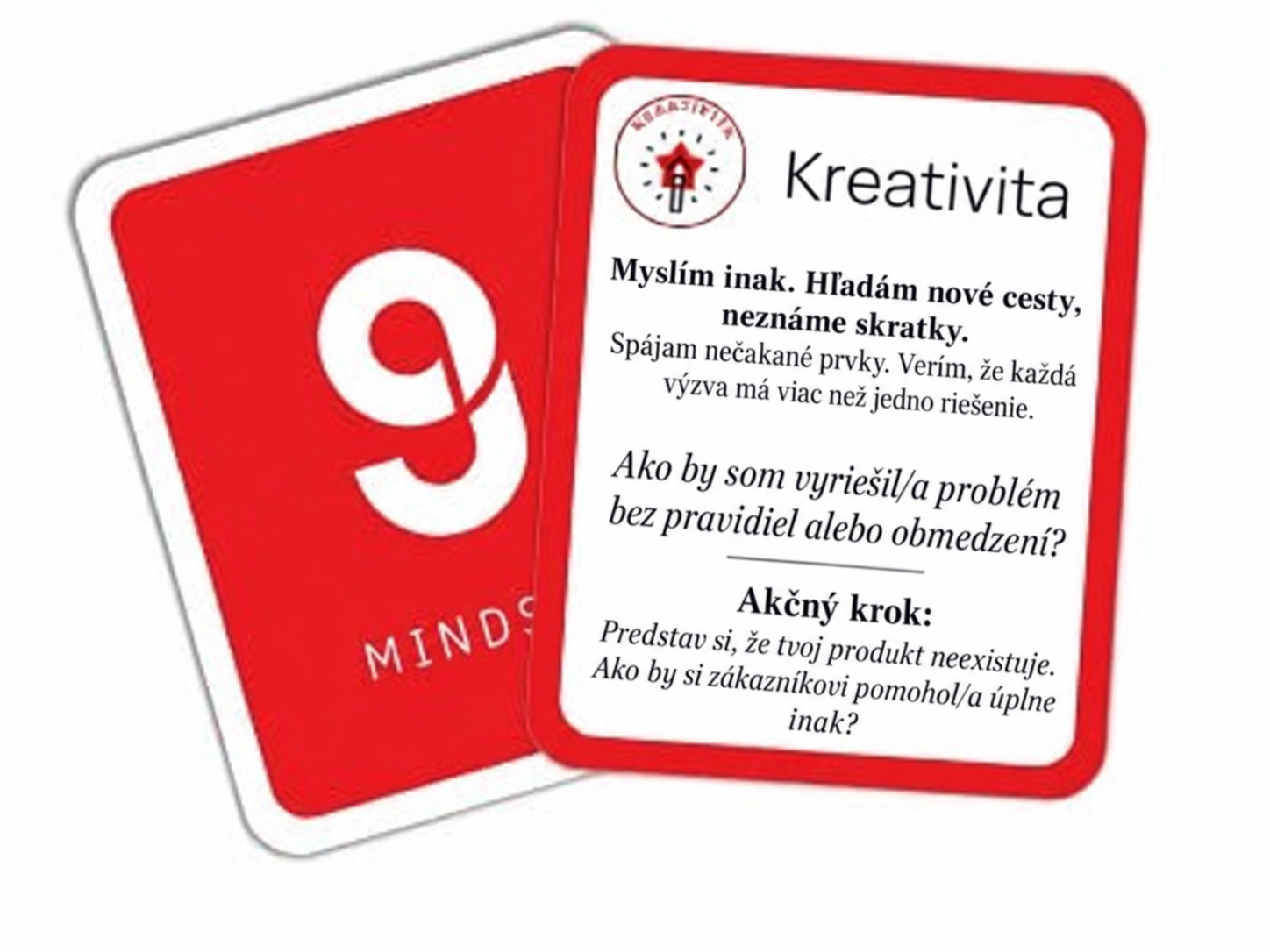 karta kreativita Karta STRATE9Y s označením ‚Kreativita‘ – obsahuje výzvu k jinému myšlení, otázku na řešení bez omezení a akční krok pro hledání nových cest.