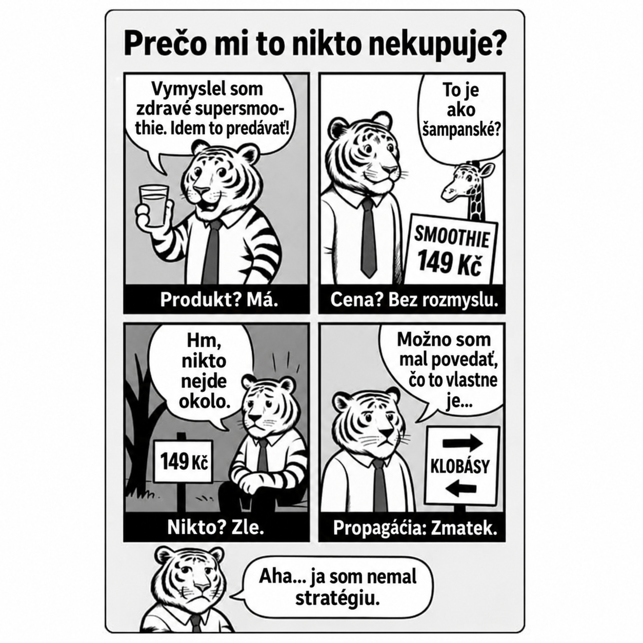 proc_mi_to_nikdo_nekupuje Komiks vysvetľujúci, prečo podnikateľský nápad nefunguje pre chyby v produkte, cene, propagácii a stratégii