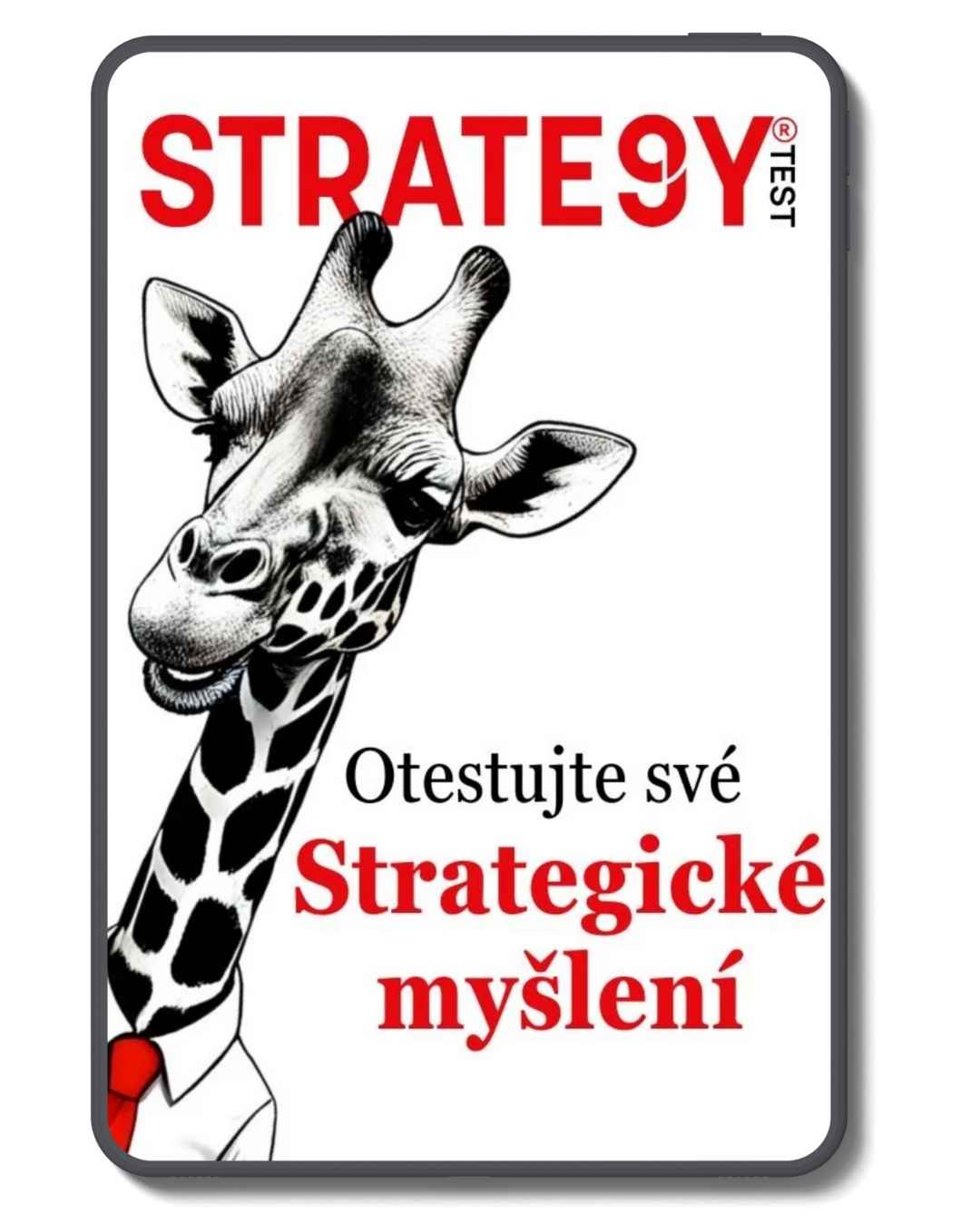 Obrázek testu STRATE9Y s ilustrací žirafy a nápisem „Otestujte své strategické myšlení“. Výzva k bezplatnému testu pro zjištění úrovně strategického uvažování.